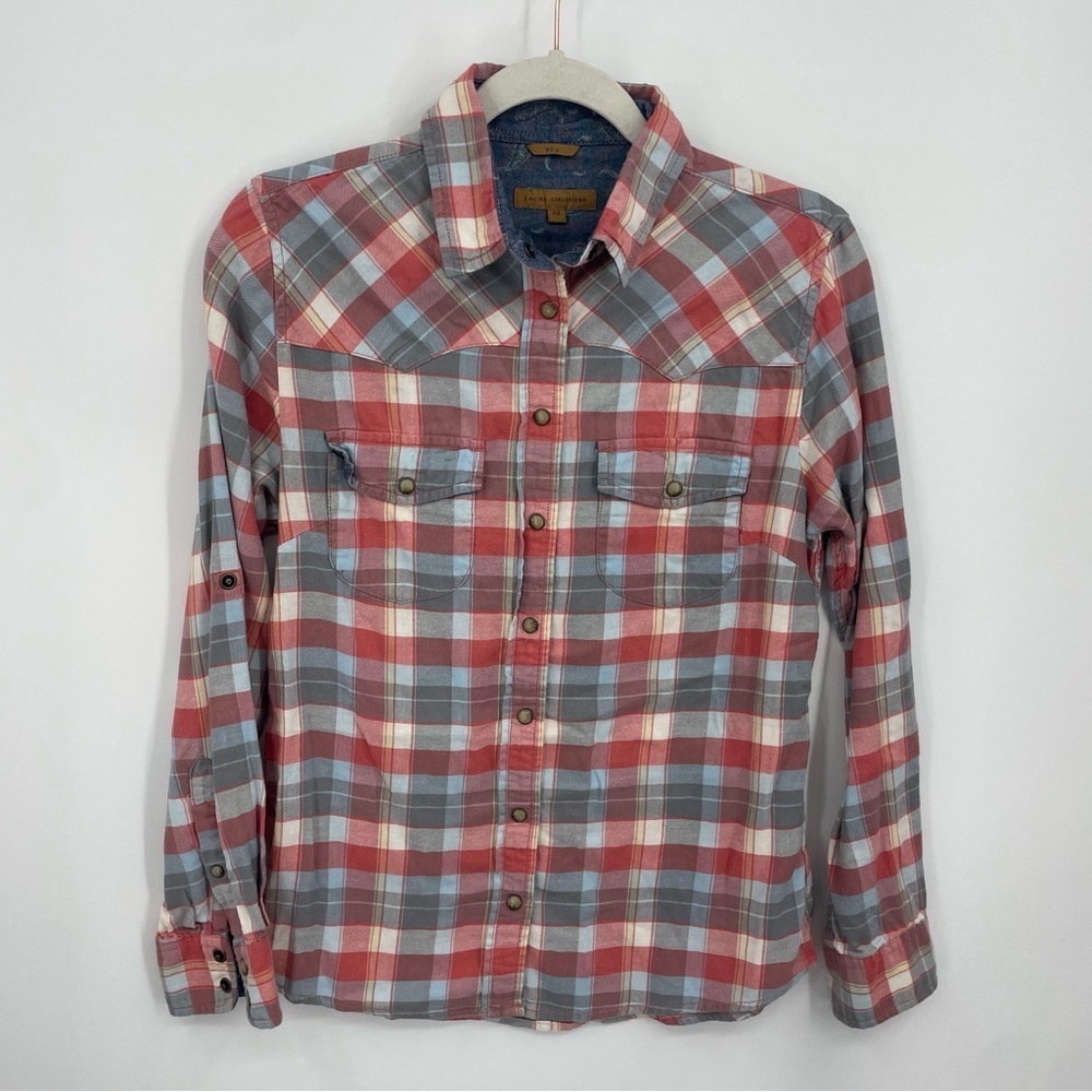 Jachs Girlfriend Plaid Pearl Snap Bea Shirt Sz Xs Red Gray